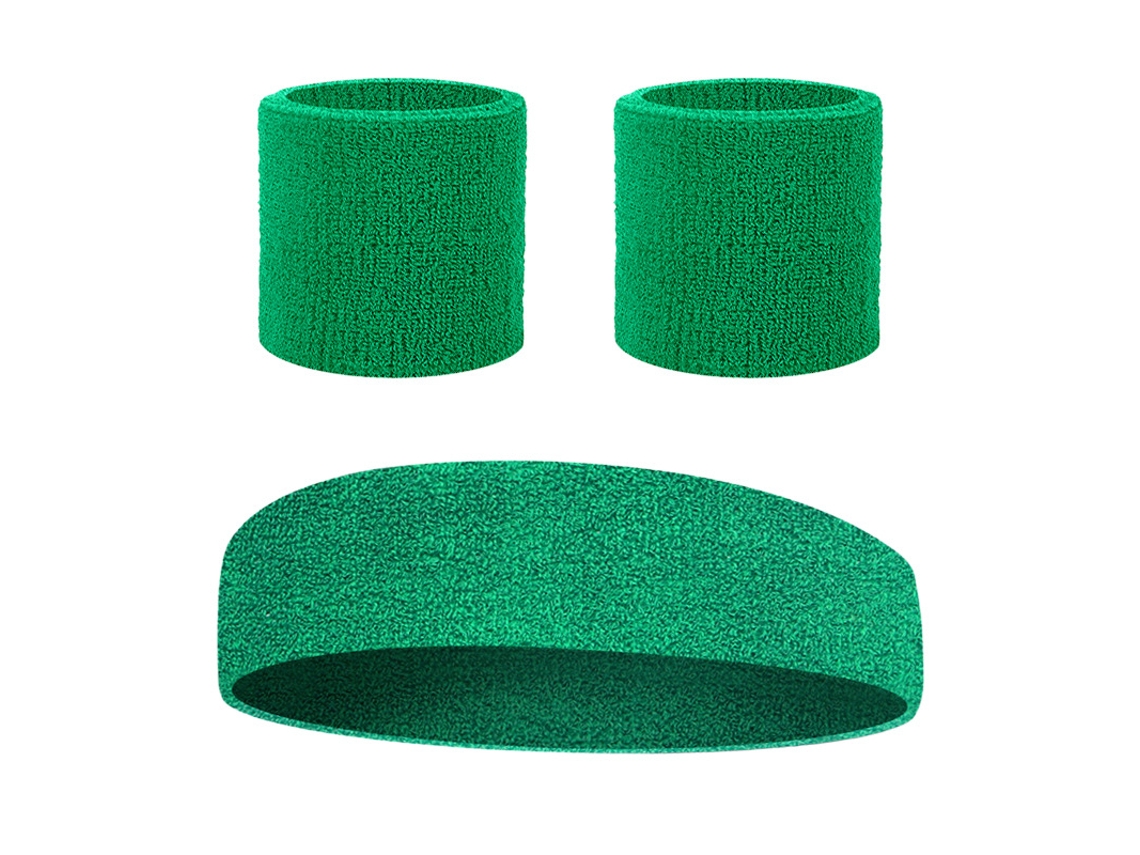 Conjunto de tres piezas Yuysan: diadema y muñequeras absorbentes del sudor, color verde, ideal para yoga, gimnasio y running.