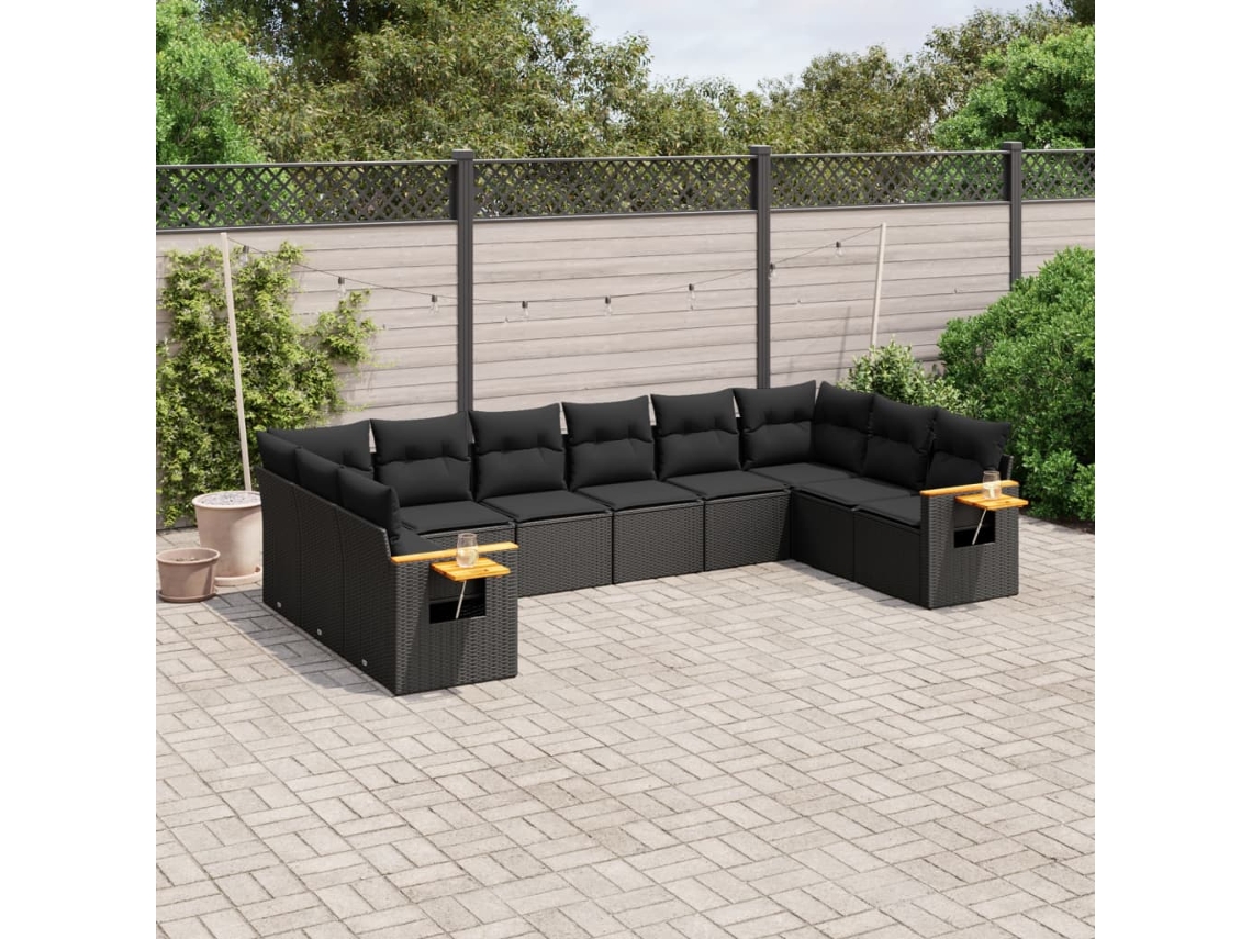 Conjunto de sofá de jardín de 10 piezas con cojines en mimbre sintético negro de DKD Home Decor