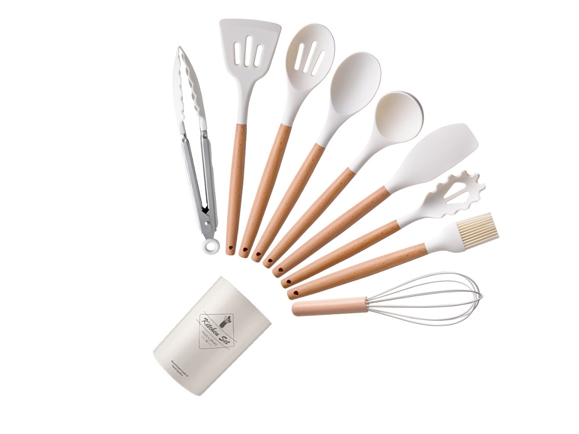 Conjunto de Utensílios de Cozinha 9 Peças Conjunto de Panelas Resistentes Ao Calor de Silicone com Cabo de Madeira-Branco GERTIZ