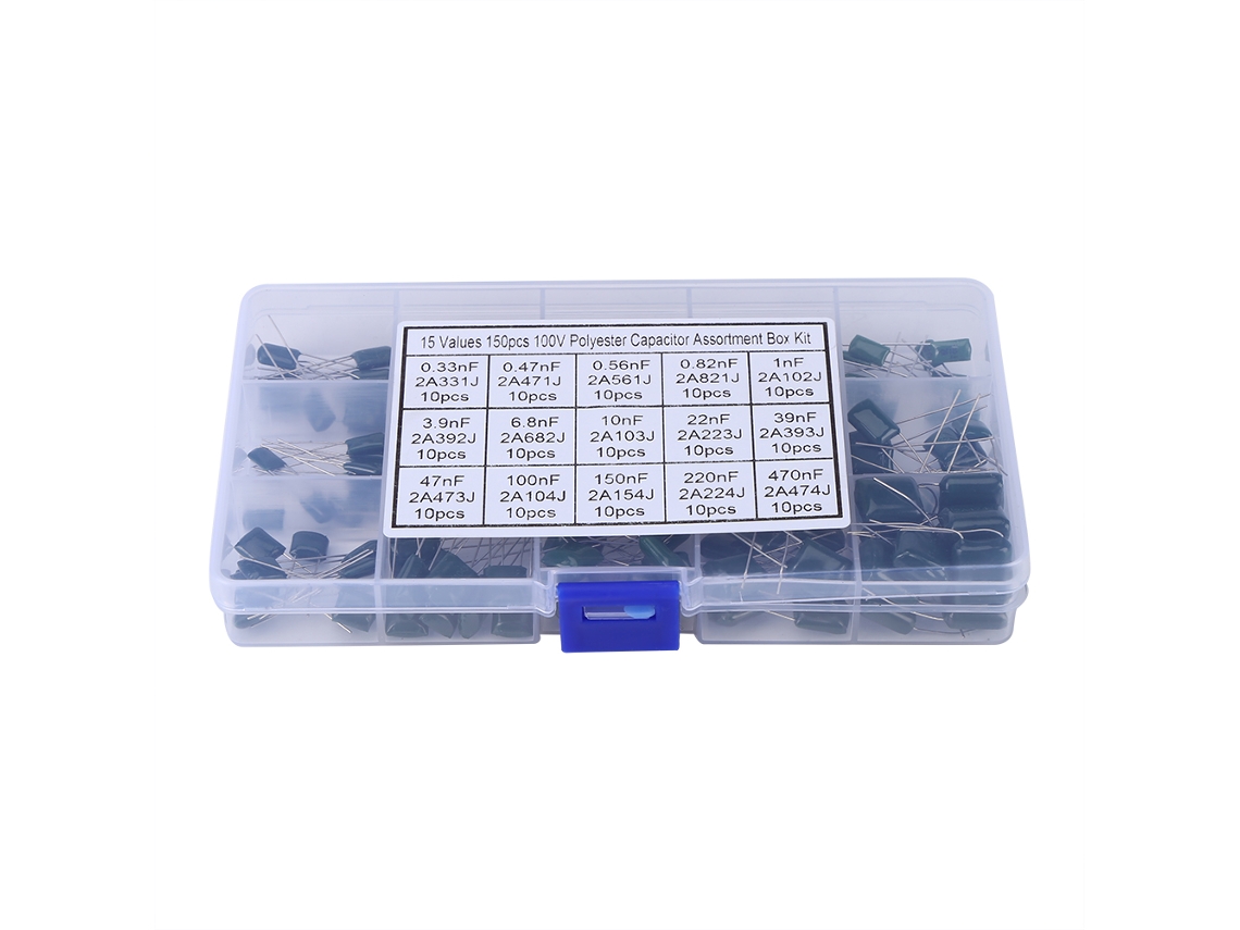 Kit De 150 Condensadores De Película De Poliéster De 100 V, De 0,33 Nf A 470 Nf, Con 15 Valores Diferentes En Una Caja.