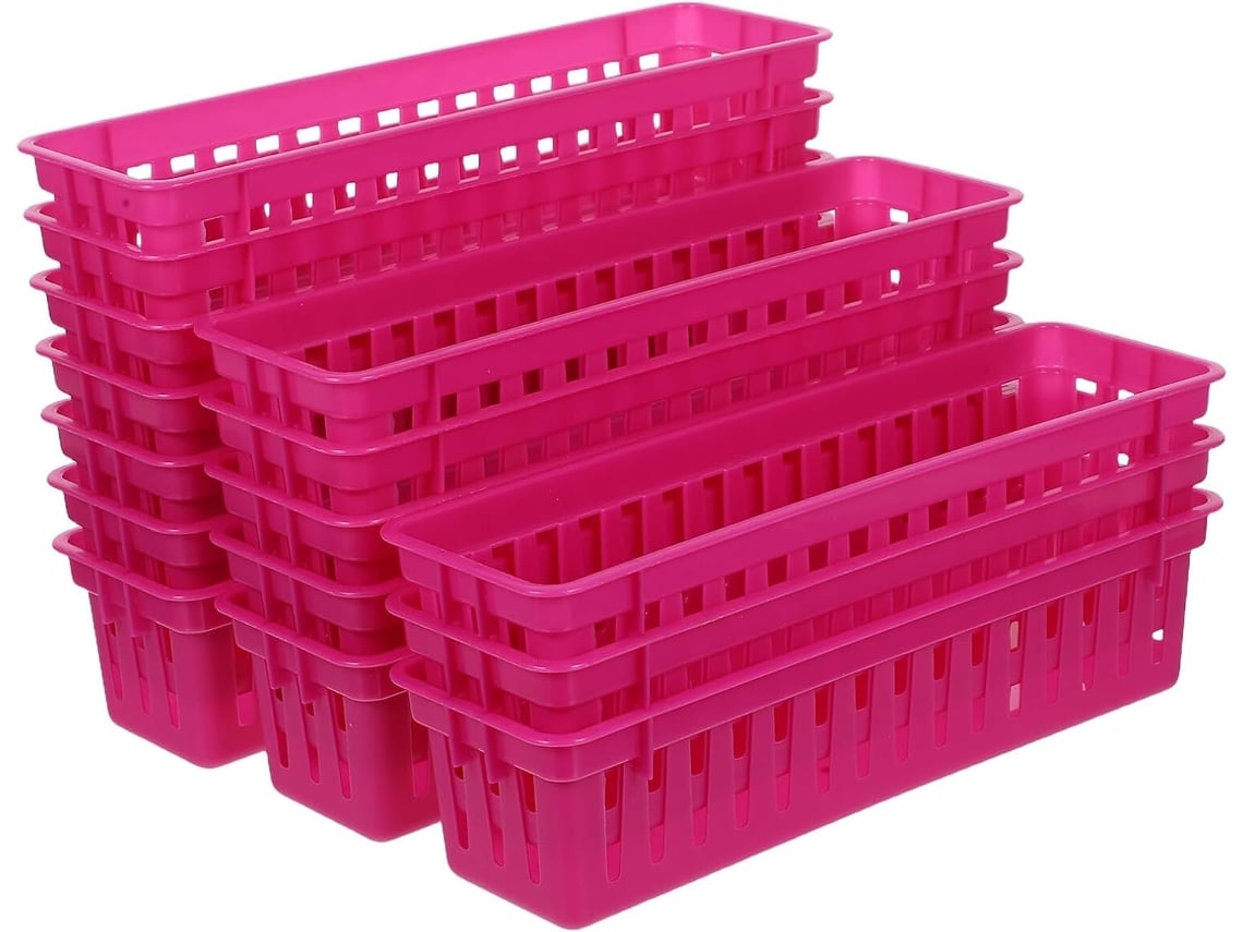 Juego De 12 Cestas De Almacenamiento De Plástico Rosa Fucsia, Mini Organizadores Rectangulares, 254 X 71