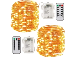 2 guirnaldas de luces LED de 10 m a pilas, 100 LED, función de temporizador, mando a distancia, resistente al agua IP65, luz blanca cálida PRIME KANG