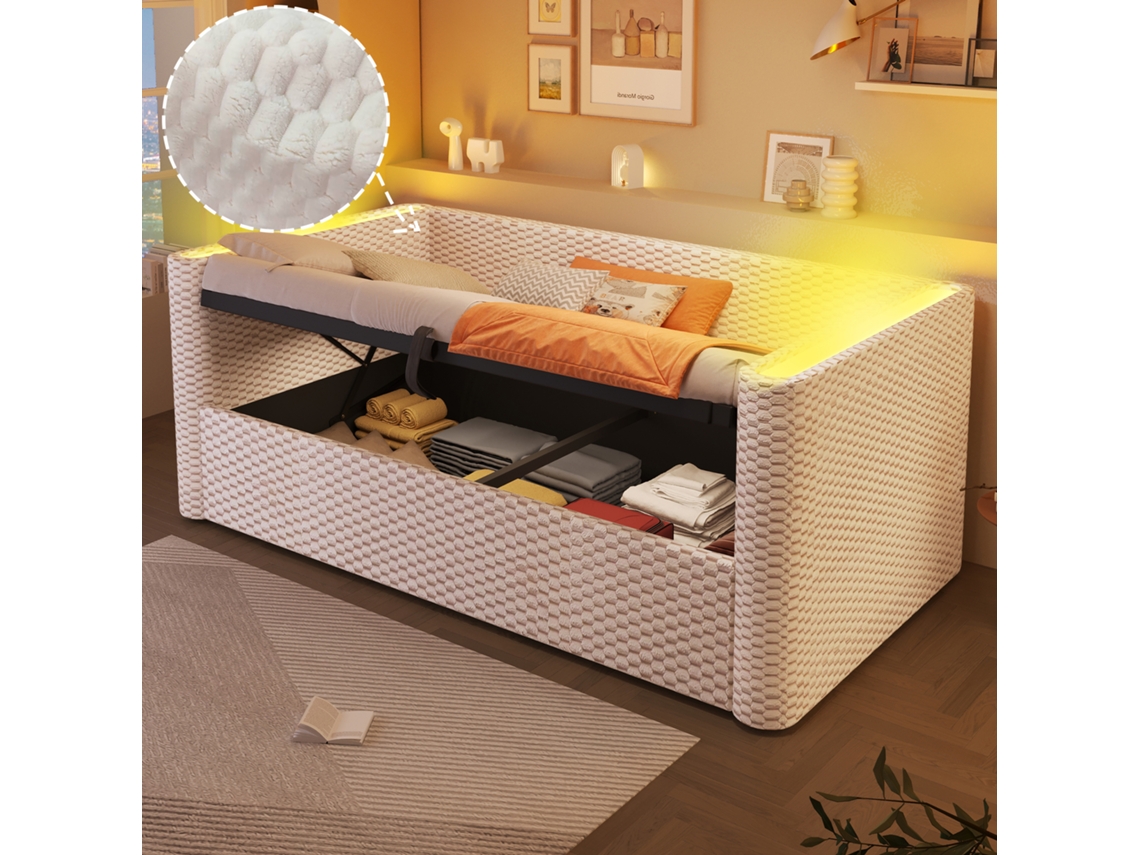 Sofá Cama Individual 90x200 Cm, Led, Almacenamiento Hidráulico, Somier De Láminas, Terciopelo Beige, Colchón No Incluido.