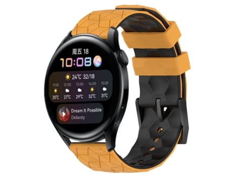 Correa de reloj inteligente para Huawei Watch 3 22 mm Correa de reloj de silicona con patrón de fútbol de dos colores (amarillo + negro)