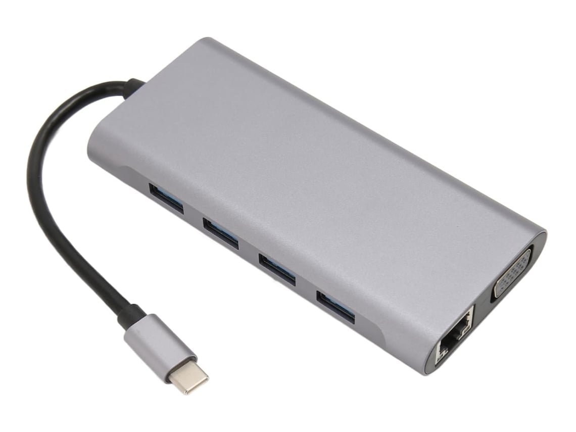 Hub USB-C de 11 puertos con Ethernet VGA 4K, carga rápida y lector de tarjetas de 3,5 mm - Gris