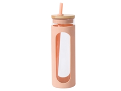 Vaso de vidrio de 600 ml con tapa de bambú y pajita, botella a prueba de fugas con funda de silicona RNEMITERY