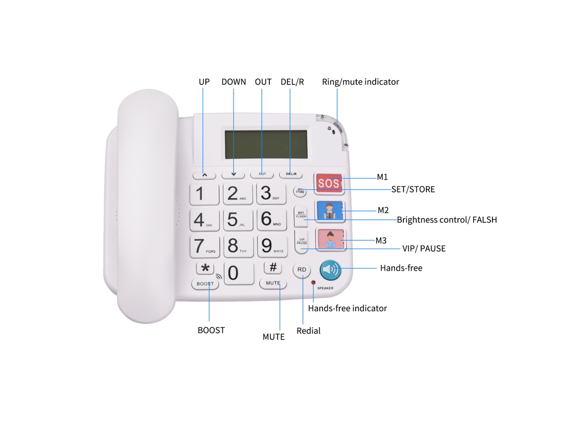 Telefone Fixo com Botões Grandes, Sem Fio, para Idosos, Suporta Hands free, Redial, Controle de Volume, Casa e Escritório