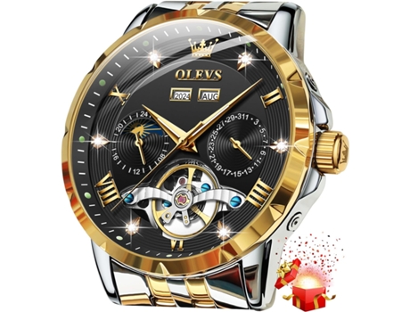 VEANXIN Reloj automático de fase lunar de acero inoxidable Tourbillon hueco con diamantes para hombre(negro)