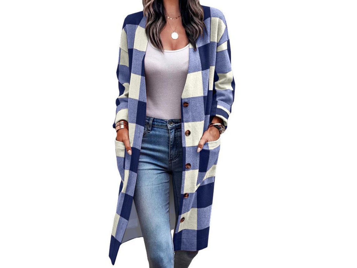 2026altiro-abrigo De Mujer De Manga Larga Con Cuello Y Botones, Casual Y Elegante, Hombros Caídos, Cuadros Azules, Xl, Con Bolsillos