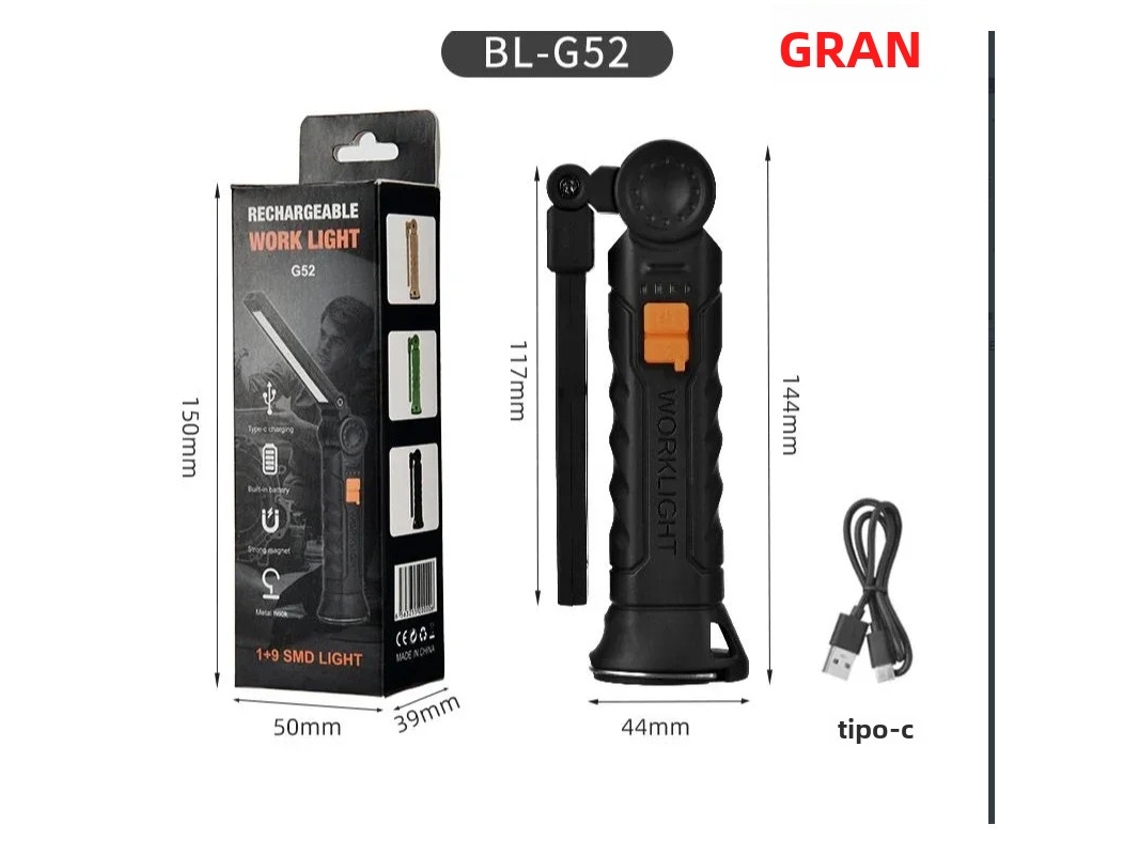 Linterna LED COB recargable vía USB con batería y imán integrados. MDUG (Tamaño grande, 1 unidad)