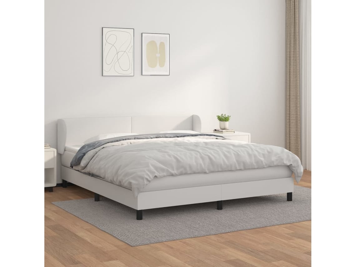Cama Box Spring Con Colchón Cuero Sintético Blanco 180x200 Cm