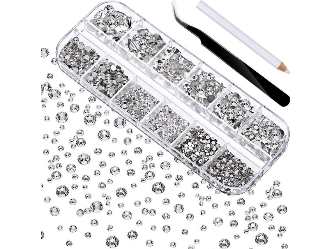 2000 Diamantes De Imitación Redondos De Cristal En 6 Tamaños (1,5-6 Mm) Con Pinzas Y Lápiz Aplicador.