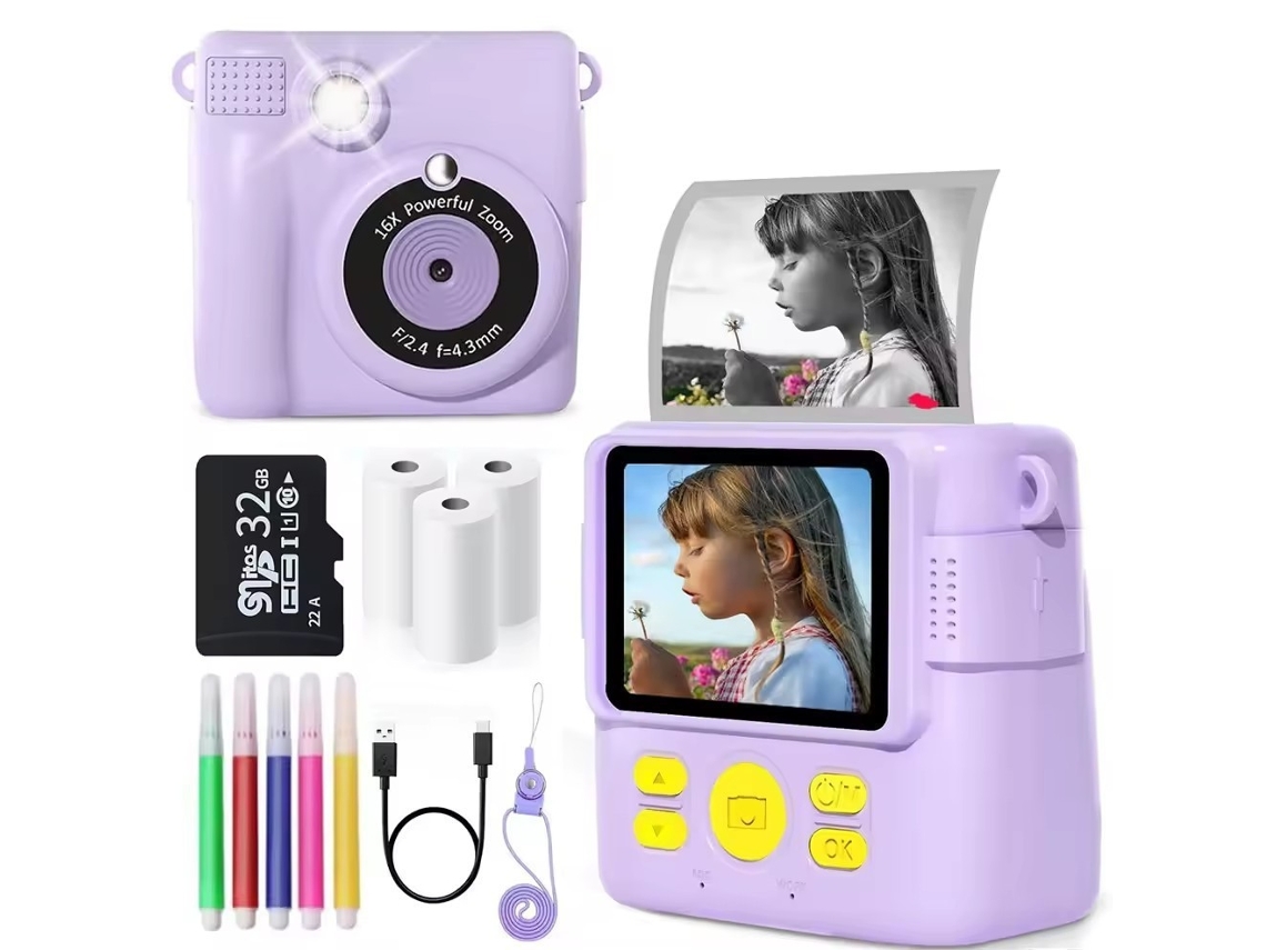 Cámara de impresión instantánea para niños, videocámara digital HD para niños pequeños con tarjeta SD de 32 GB, color morado y plateado