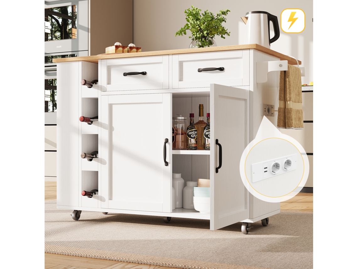 Isla De Cocina, Carrito De Cocina Con Regleta, Mueble De Cocina, Carrito De Servicio Extraíble Con Botellero.