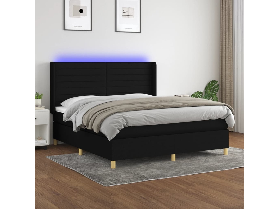 Cama Box Spring Colchón Y Luces Led Tela Negro 160x200 Cm
