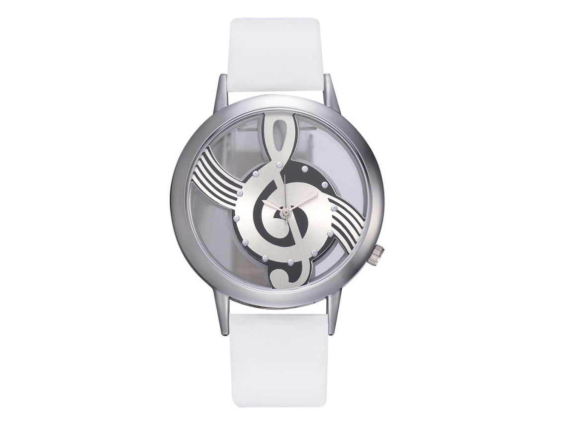 Reloj Unisex De Moda Con Forma De Nota Musical Y Correa De Piel Sintética Blanca.