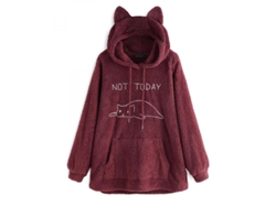 2026-chaqueta Con Capucha Oversize De Felpa Para Mujer Otoño Invierno Con Orejas De Gato Bordadas Xl Rojo Vino