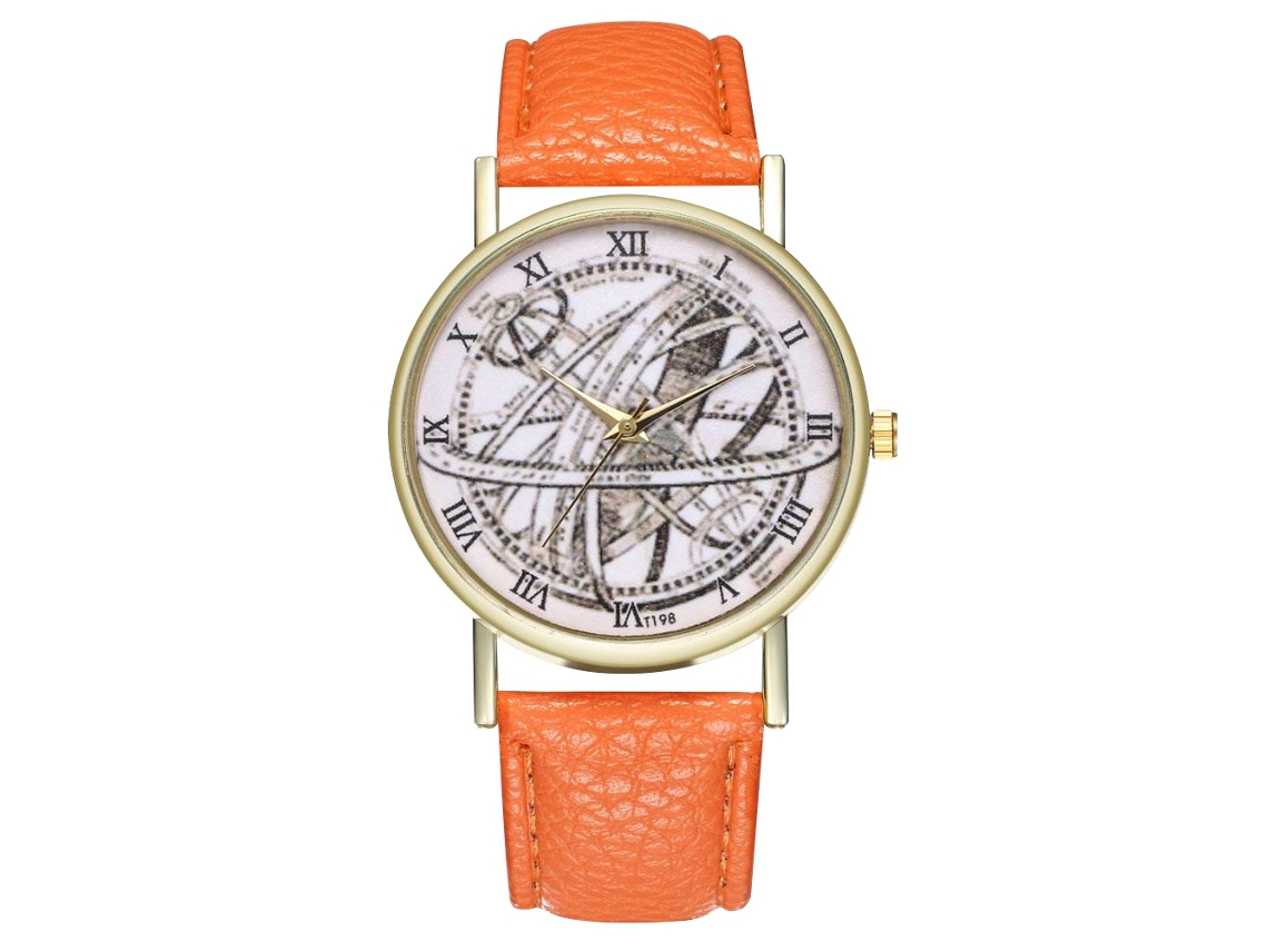 Reloj De Pulsera Unisex De Cuarzo Con Correa De Piel Sintética Y Números Romanos Naranjas.