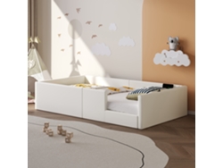 Cama Plataforma 90x200 Tapizada con Barandilla y Estación de Carga, Blanco, Mobrio