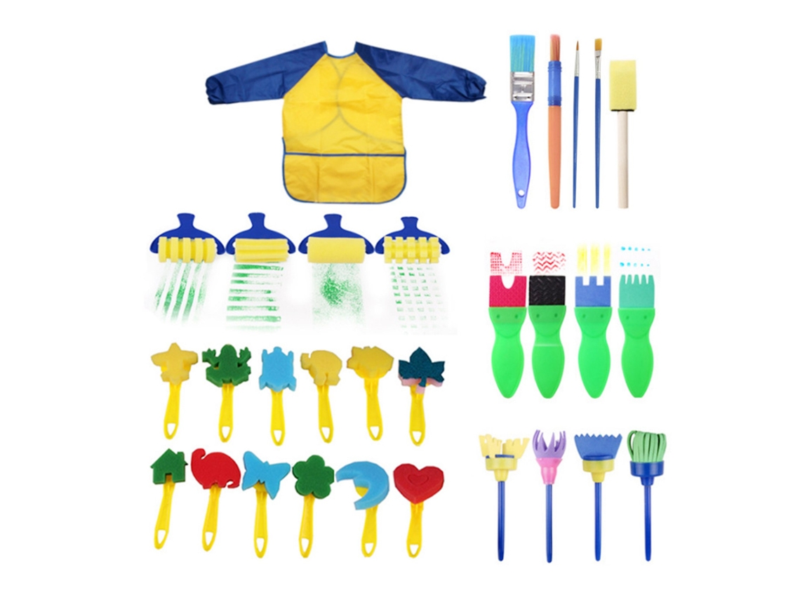 30pcs Pinceis De Pintura Laváveis Para Crianças Com Avental Brushes Sponge Diy Brinquedos