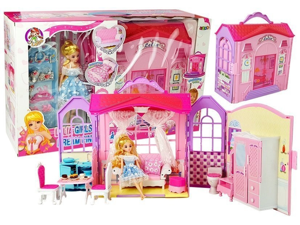 Casa de muñecas plegable rubia con accesorios, cocina, baño, dormitorio, en maleta B.active