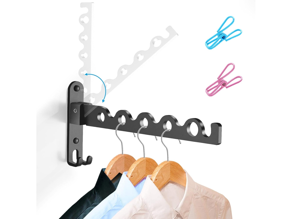 Tendedero telescópico - Plegador de pared - Gancho - Aluminio - Para lavadero/baño/balcón (Negro, 1)