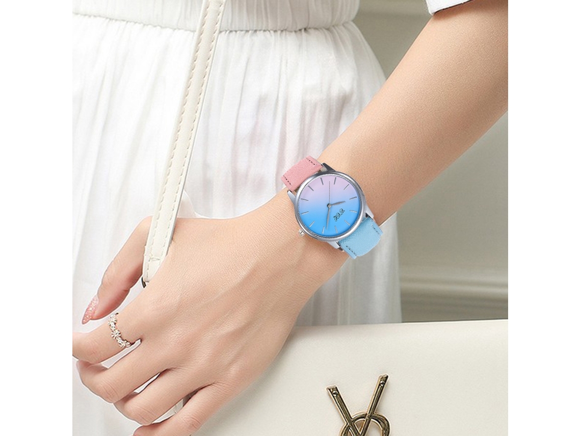 Reloj De Cuero Pu Ccq Moda Unisex Bicolor Rosa+azul Reloj De Cuarzo