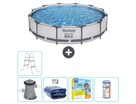Piscina BESTWAY Round Steel Pro MAX - 366 x 76 cm - Gris - Bomba incluida Vela solar - Paquete de mantenimiento - Filtrar - Escalera