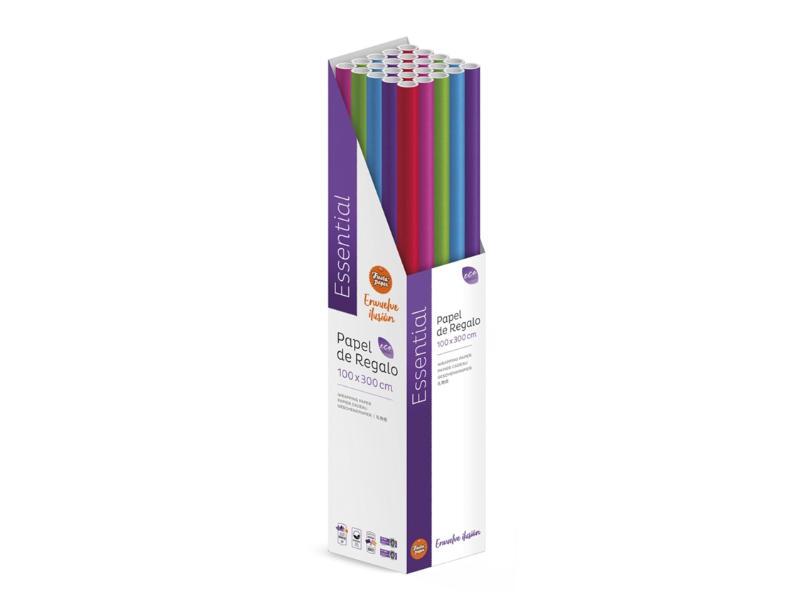 Pack 25 Rollos Papel De Regalo Essential 3m X 1m Colores Básicos, Caja Expositora, Versátil, Resistente, Listo Para Tienda, Regalos Eventos Tiendas Comercios - Fp Fiesta Paper