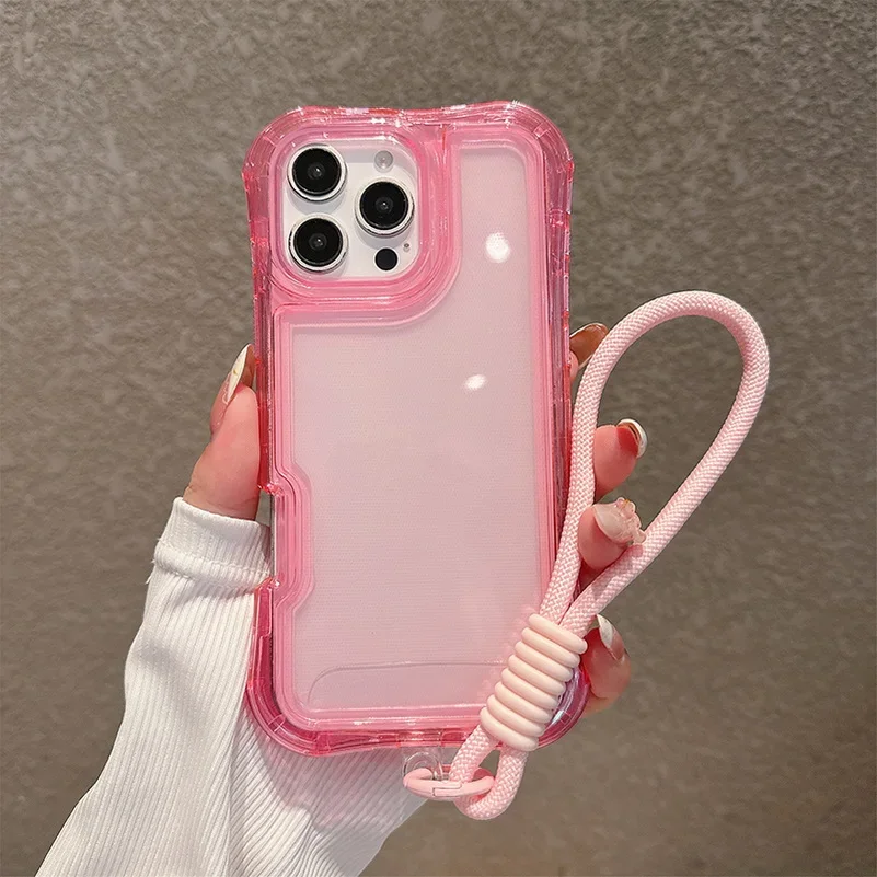 (rosa, Iphone 12 Pro) Funda Protectora Transparente A Prueba De Caídas Con Airbag En Las Cuatro Esquinas Y Correa De Muñeca A Prueba De Golpes.