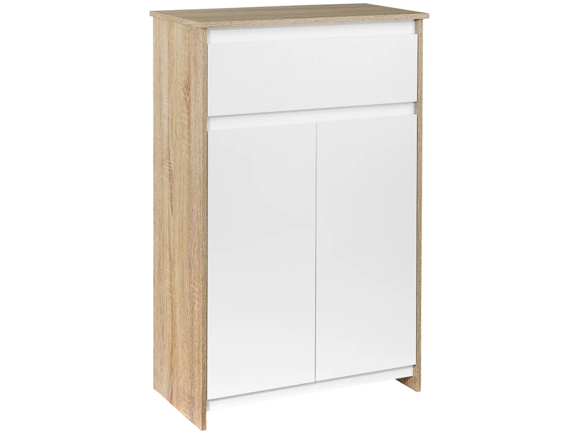 Mueble de baño, unidad de almacenamiento, cajón y armario de dos puertas, 60x30x90cm, efecto madera natural y blanco VISTA