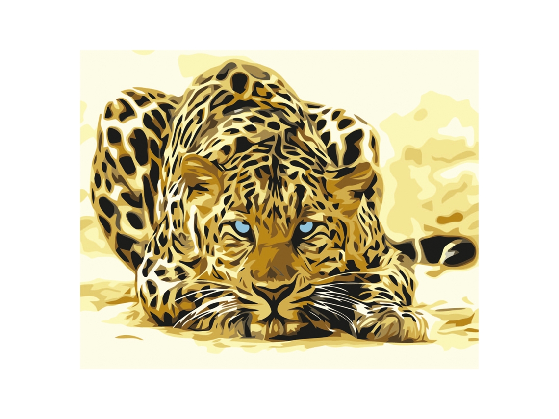 Tela con diseño para pintar por números, 40 x 50 cm. Estampado de leopardo. Incluye pinzas y las pinturas necesarias.