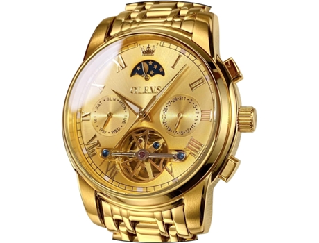 VEANXIN Reloj mecánico automático Tourbillon de acero inoxidable resistente al agua con fecha luminosa para hombre(oro)