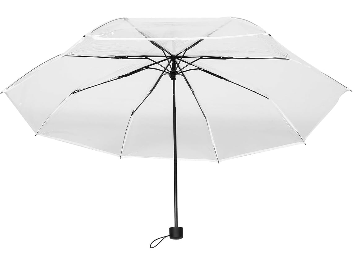 Paraguas Plegable Automático, Transparente, 10 Varillas, Mango De Madera, Ribete Blanco.