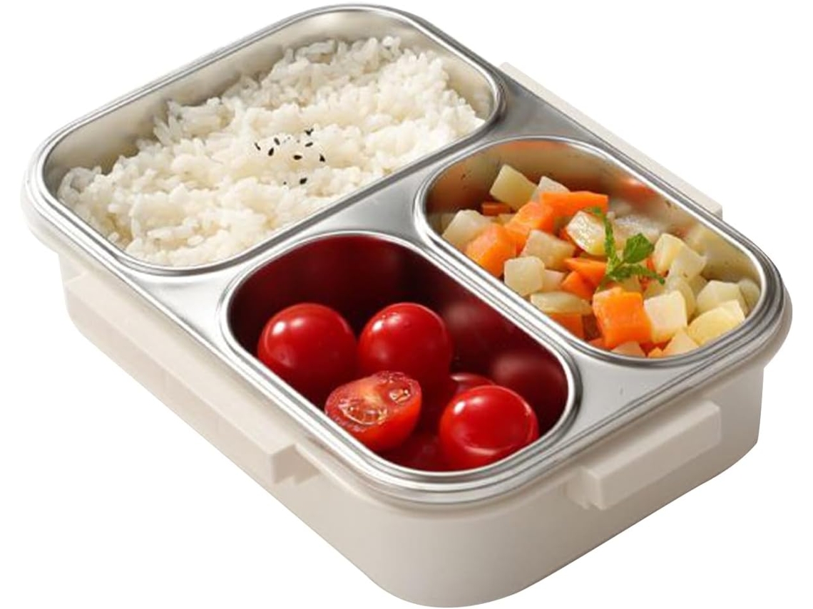 Fiambrera de acero inoxidable con 3 compartimentos, portátil, ideal para preparar comidas.