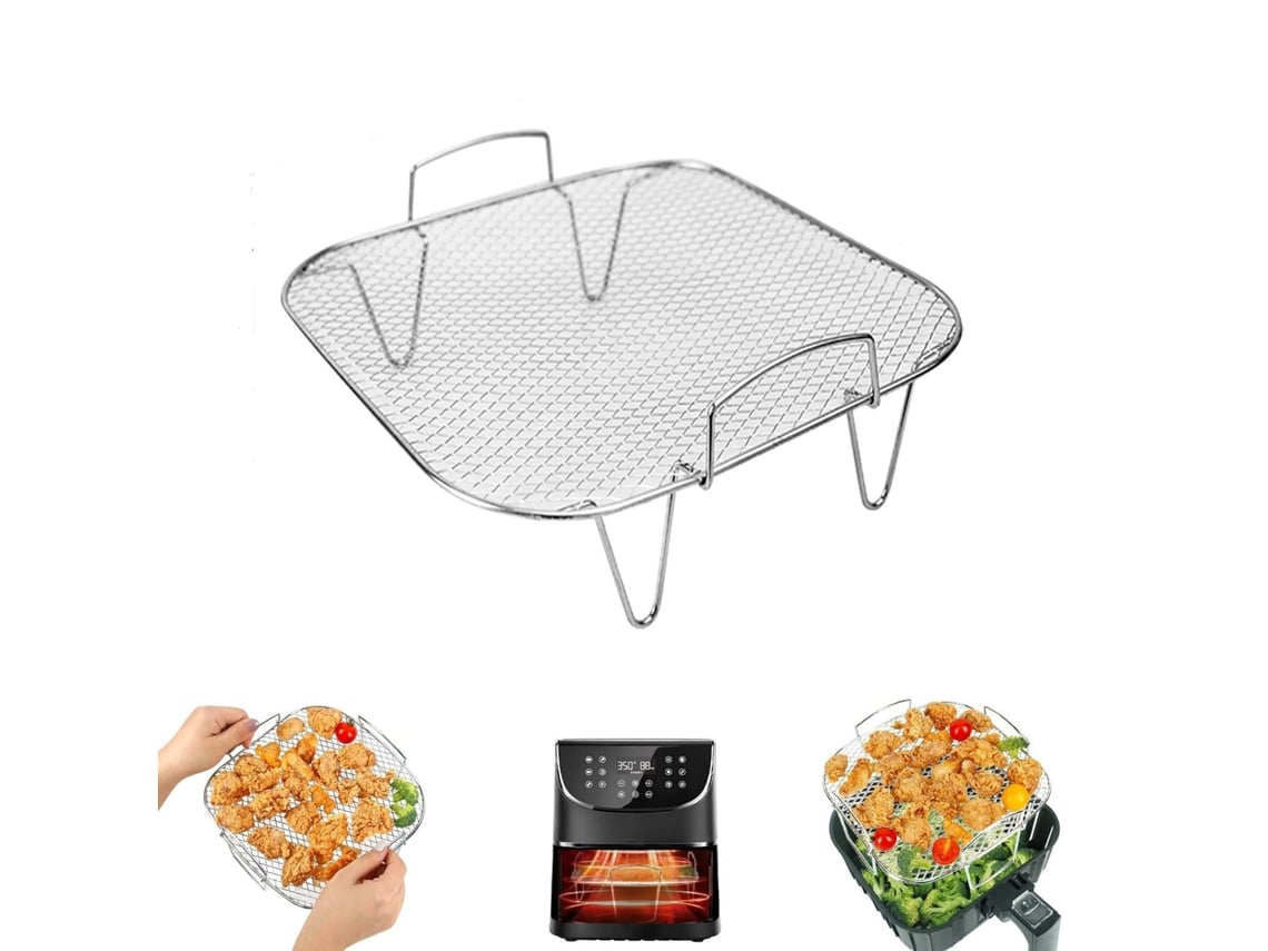 Bandeja De Assar Em Aço Inoxidável(23x23 Cm)para Frituras A Ar - Reutilizável, Ao Calor, Pode Ser Cozinhada Em Duas Camadas