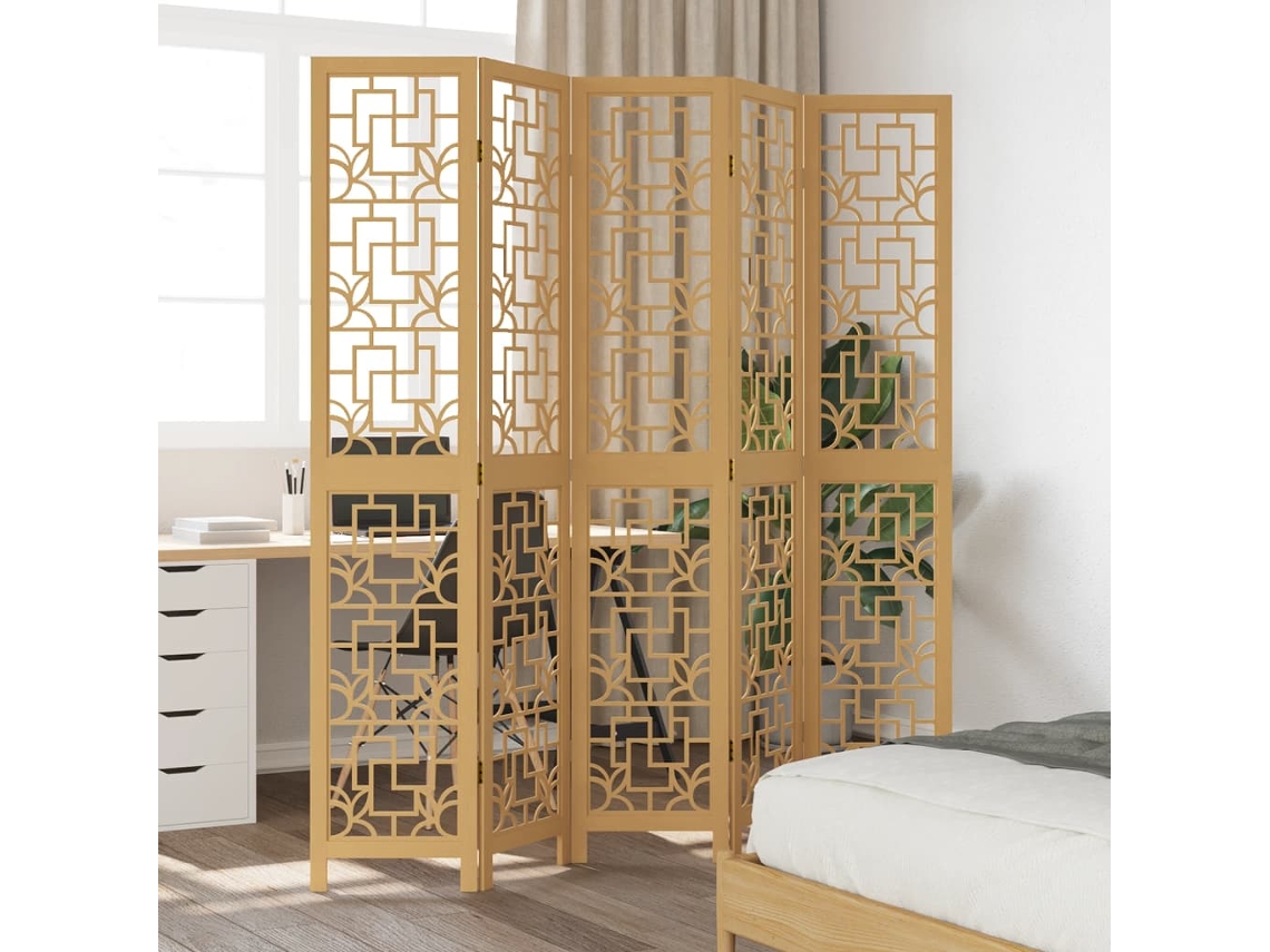Biombo de 5 paneles de madera maciza de paulownia marrón Wsd827099 Lovely Home