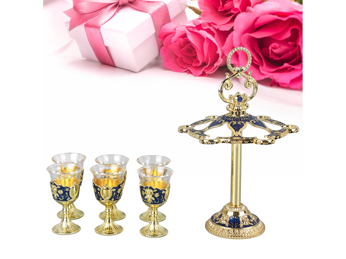 6pcs Cálice Chinês Estilo Retro Liga de Zinco Vidro Padrão Floral Ouro e Azul