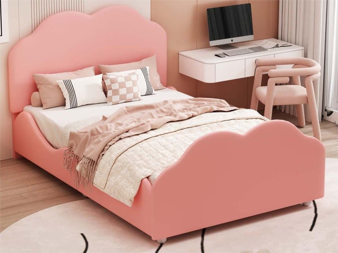 Cama Infantil Acolchada De Terciopelo - 90x200 Cm - Con Cabecero En Forma De Nube + Somier - Rosa