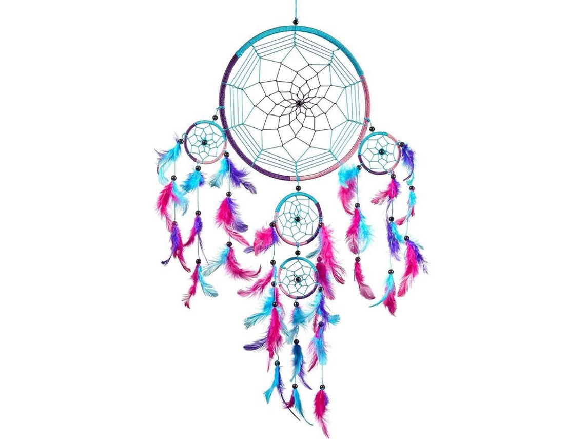 Atractiva Figura De Ensueño Hecha A Mano, Colorida Y Con Plumas: Azul Turquesa, Rosa, Morado, 22 Cm De Diámetro Y 60 Cm De Largo.