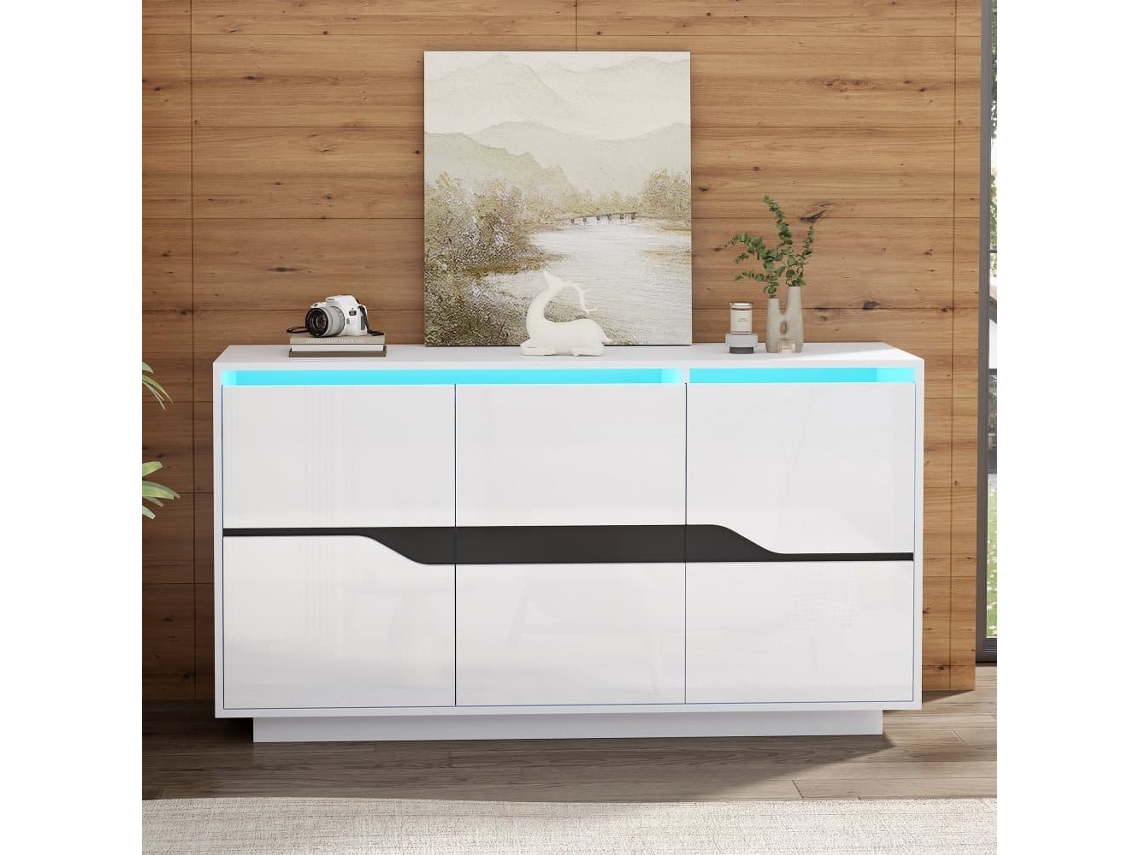 Mueble Salón 140x40x70 Cm - Sideboard Con 3 Puertas, Con Led, Blanco Y Negro