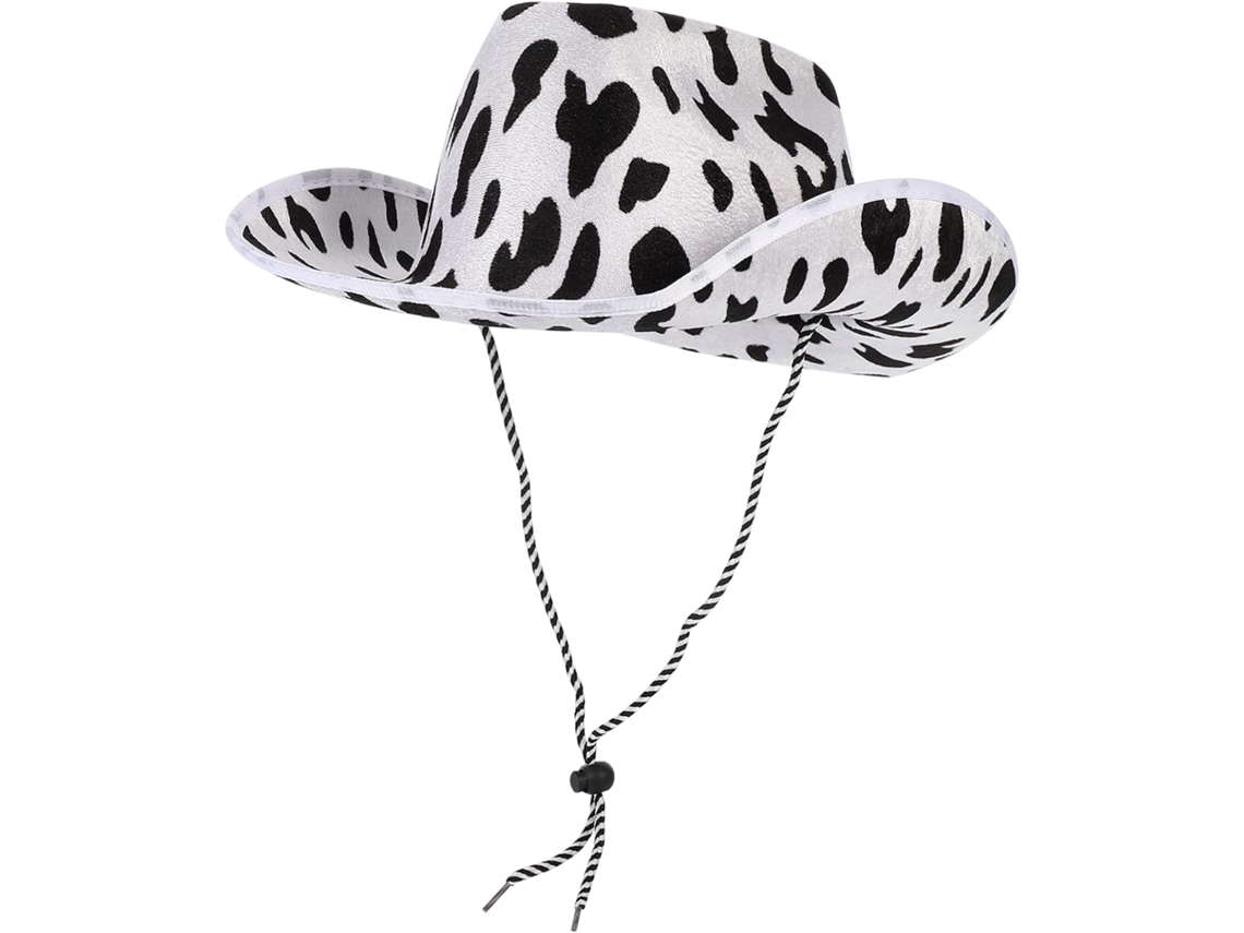 Sombrero de vaquero de estilo western, confeccionado en material resistente y con estampado de vaca, ideal para festivales y eventos.