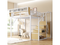 Cama Metálica De 140x200 Con Escalera De Seguridad Modular, Color Blanco.