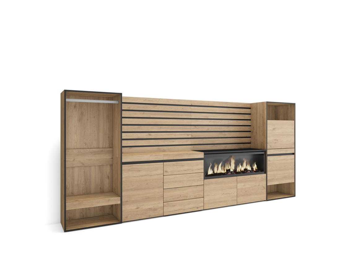 Aparador, Buffet | Amplio espacio de almacenaje | 334x145x35 cm | Para dormitorio | Chimenea eléctrica XXL | Cómoda | Armario abierto | Roble Duérmete Online