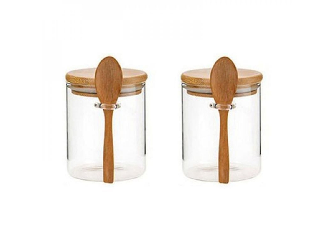 Tarros de azúcar Rebe-2 con tapa y cuchara de bambú, de vidrio transparente, para almacenamiento en la cocina, como se muestra en la imagen.