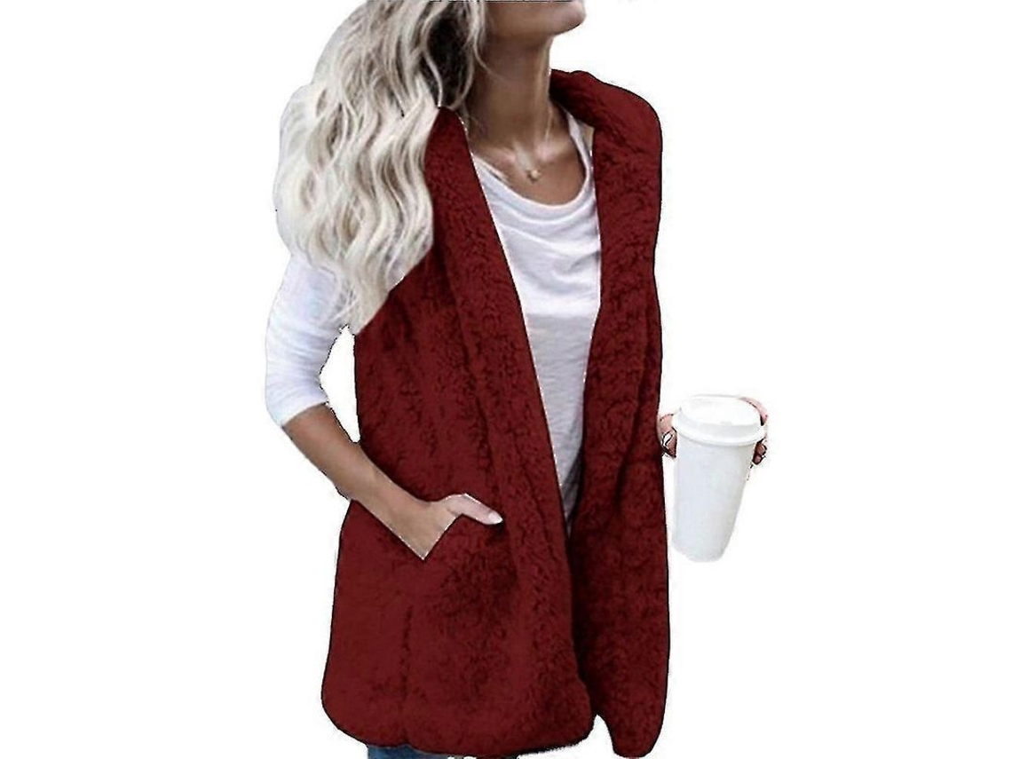 Chaleco Abrigo Mujer Teddy Peludo Invierno Sin Mangas Chaqueta Suave Rojo Vino M Rojo Vino