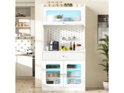 Aparador Alto, Estantes Regulables, Cajones, Led, Puertas Vidrio Acanalado, Blanco