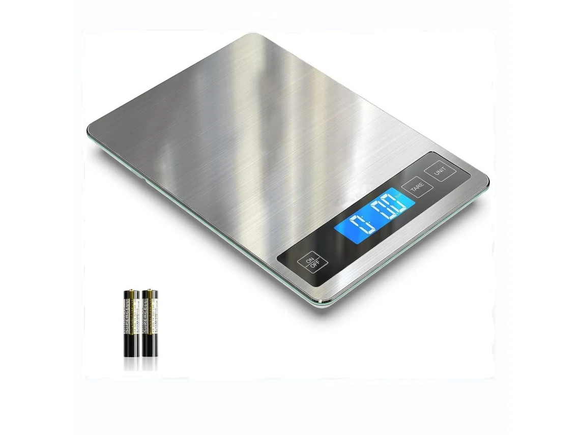 Balanza de cocina digital de 10 kg con precisión de 1 g, fabricada en acero inoxidable y vidrio templado.