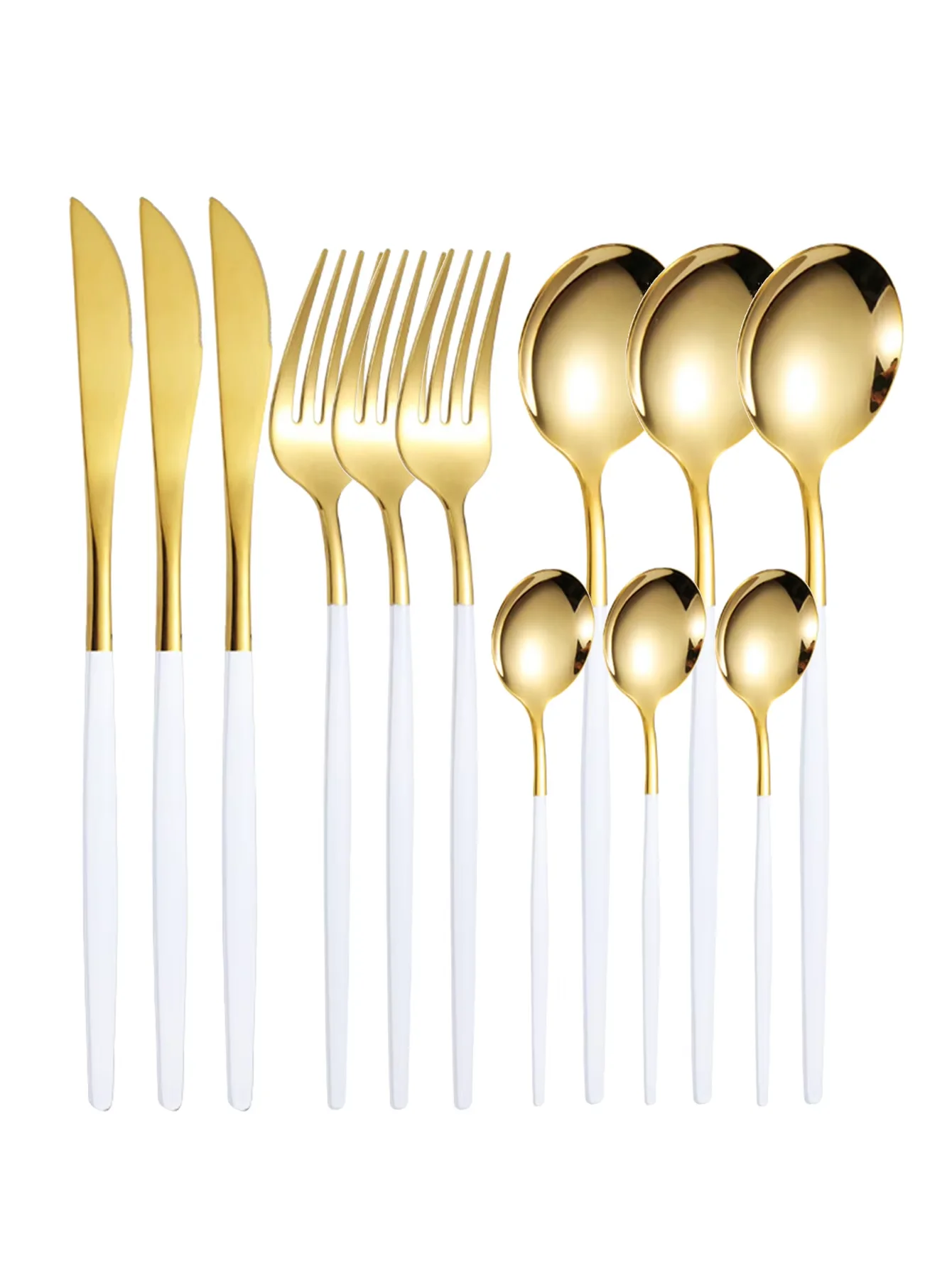 (juego De 12 Piezas, Dorado Y Blanco)cubiertos Delgados De Acero Inoxidable, Cuchillo Y Tenedor Para Carne, Cuchara De Postre, Cuchara De Café