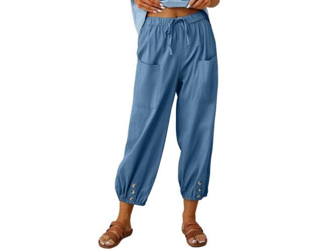 2026-pantalones Harem De Linaza Sueltos Para Mujer Con Bolsillos Verano Xl Azul